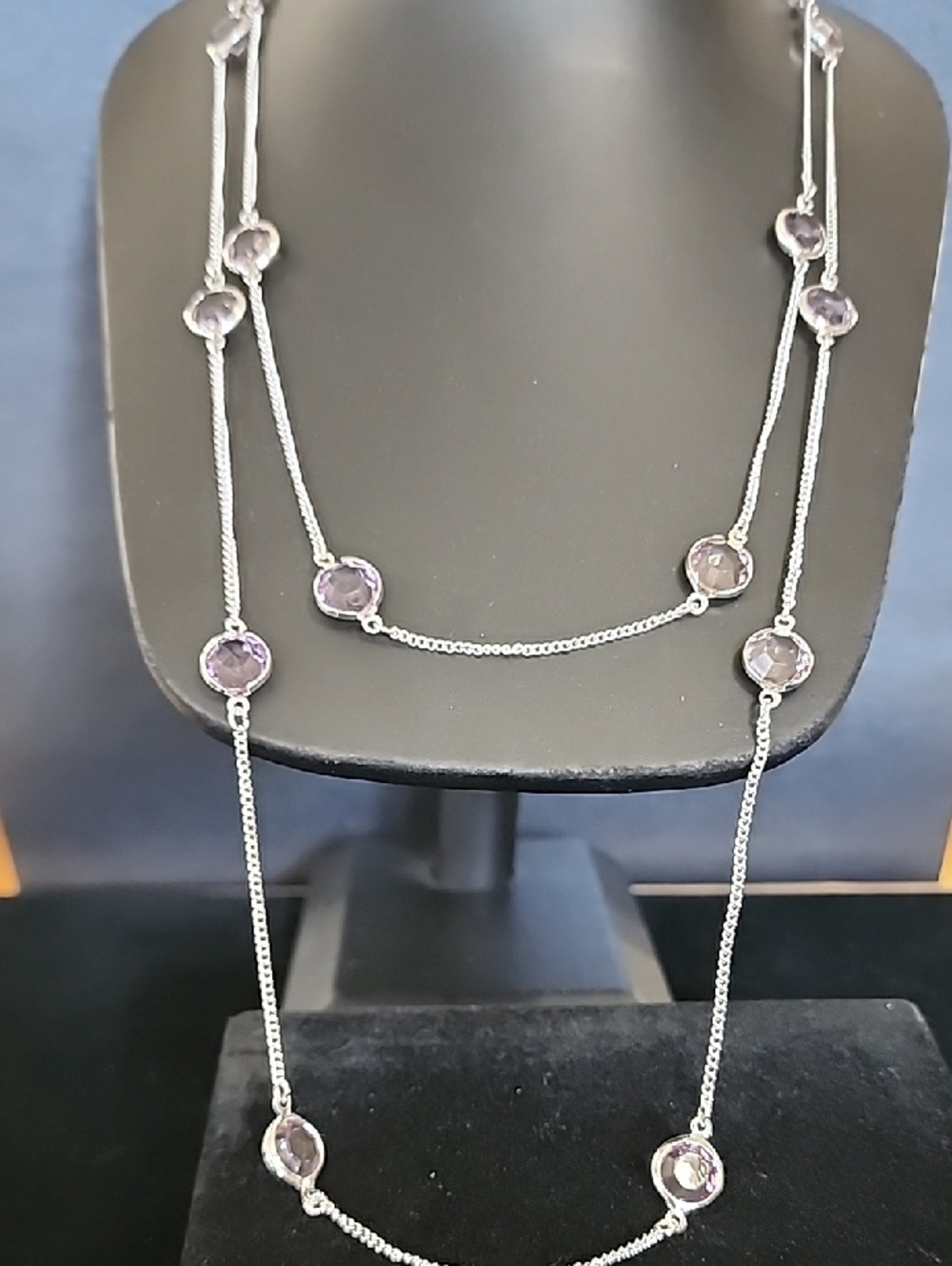 Silver Long Necklace with Purple Gem Accents